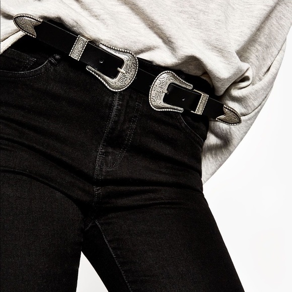 Zara Accessories - Zara Black Leather Belt Western Double Buckle M/L